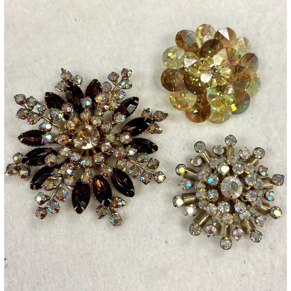 Vintage AB Rhinestone Brooch Lot Atomic Starburst Rivoli Flower Amber Gold Tone
